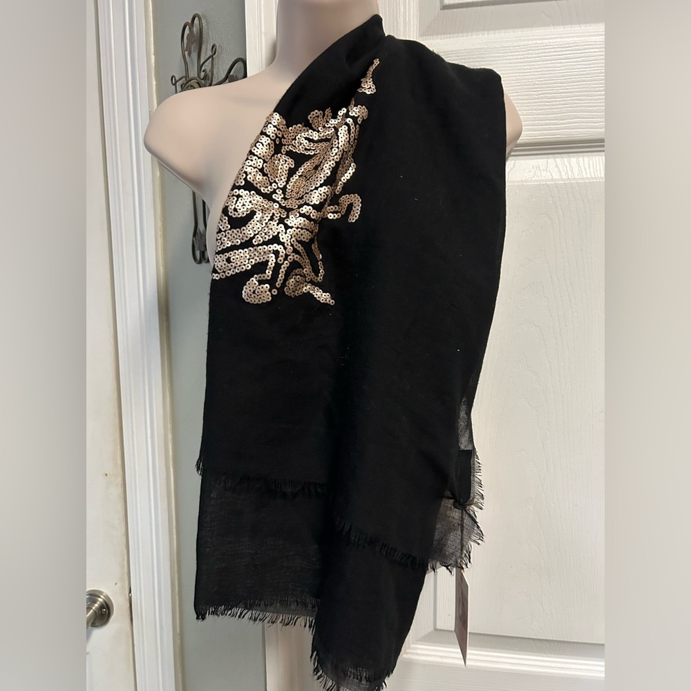 NWT Jessica Simpson Black Scarf with Gold Sequin Design Glam Bling